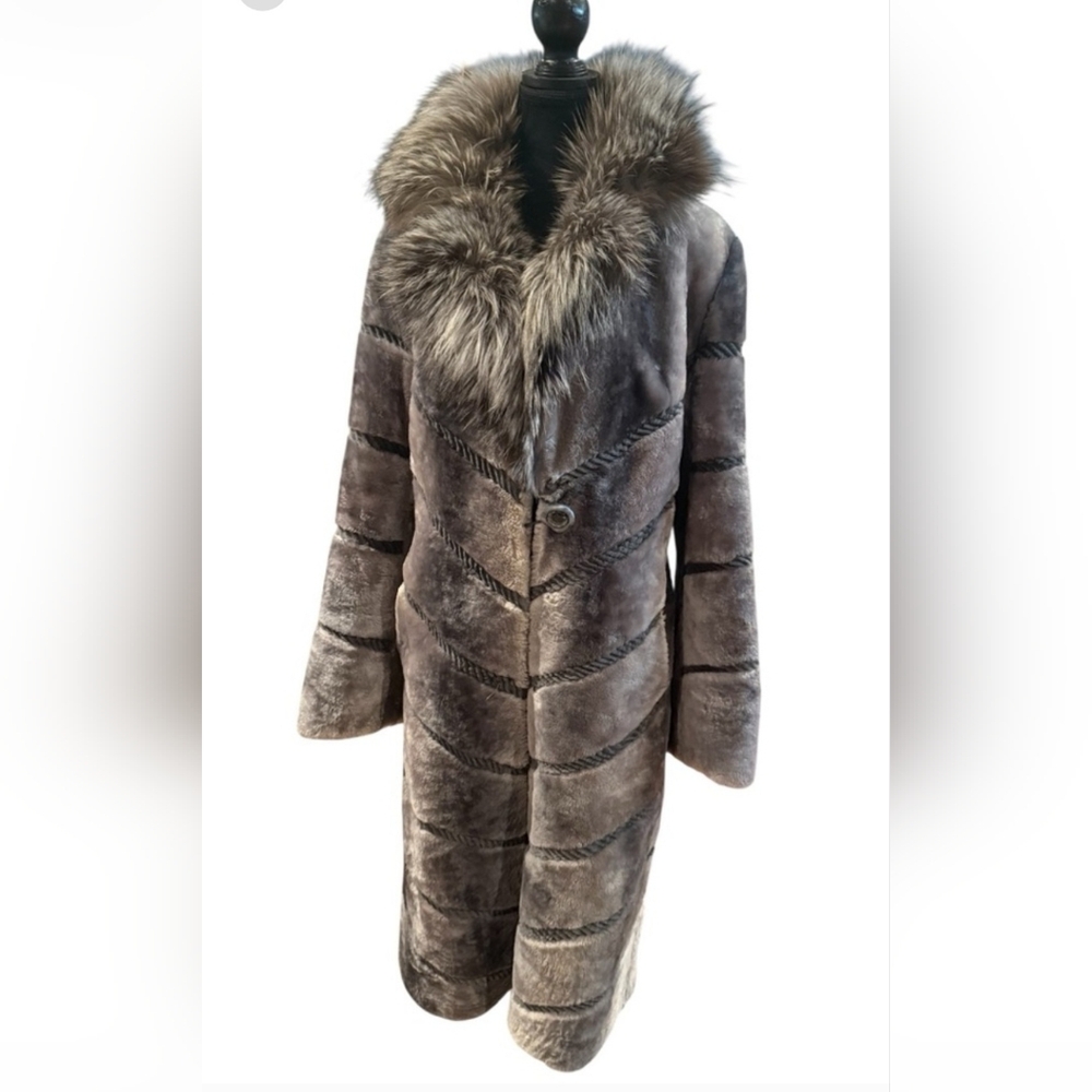 Vintage Aroma Angel Shearling Long Coat With Fox Fur Luxury Winter Jacket